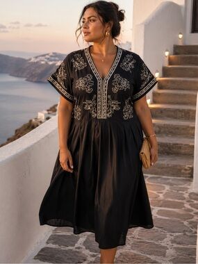 Wayward Fancies Eshakti Black Embroidered Midi Plus Size Dress Boho Party Chic
